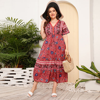 Vestido largo informal floral de manga corta con cuello en V estilo bohemio de talla grande para mujer