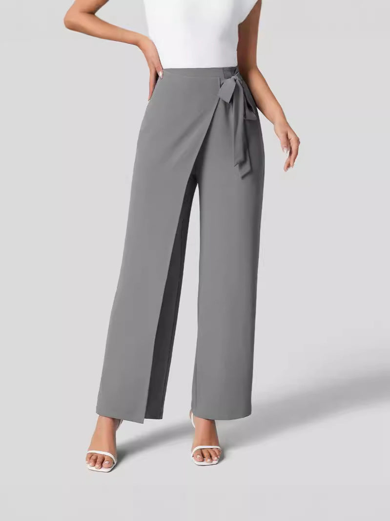 Women Fashion Casual Solid Color Lace-Up Wide Leg Pants