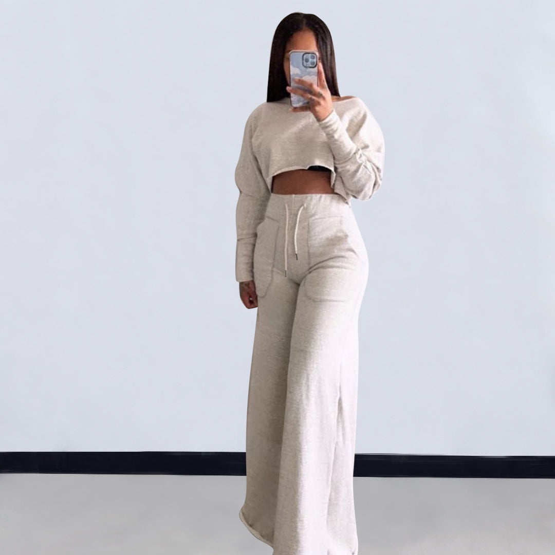 Conjunto de dos piezas de top corto de manga larga y pantalones ajustados de color liso informal para mujer