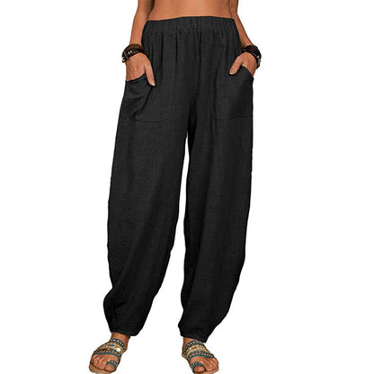 Women Fashion Casual Cotton Linen Solid Color Loose Harem Pants