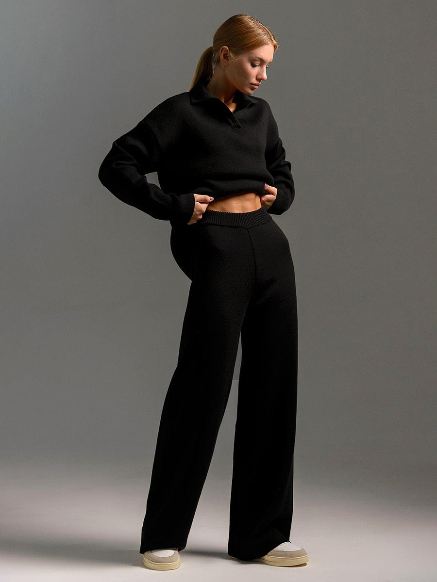 Conjunto de dos piezas de camiseta y pantalones de manga larga de punto con cuello polo informal para mujer