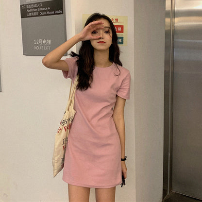 Women Fashion Casual Solid Color Slim-Fit Short Sleeve Dress