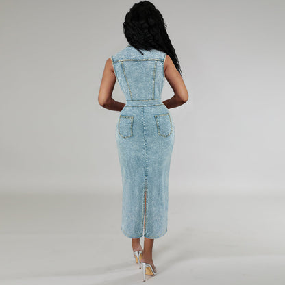 Women Fashion Casual Lapel Sleeveless Split Denim Dress