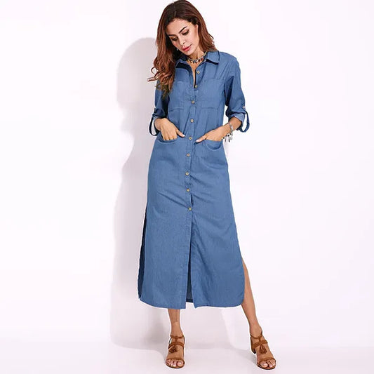 Women Fashion Casual Solid Color Long Sleeve Shirt Collar Cardigan Denim Dress