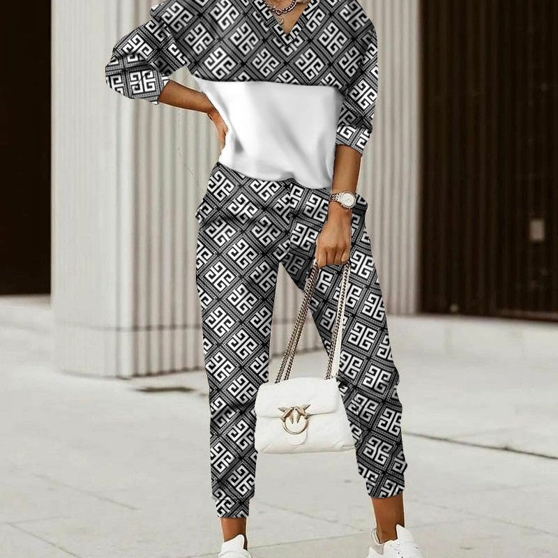 Conjunto informal de top y pantalón de manga larga con estampado geométrico colorido para mujer
