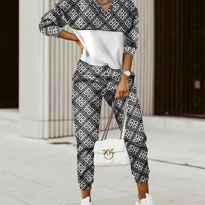 Conjunto informal de top y pantalón de manga larga con estampado geométrico colorido para mujer