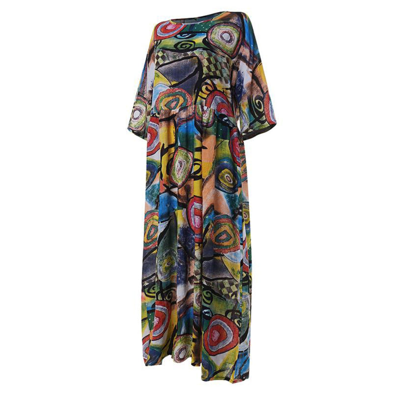 Vestido elegante informal de cuello redondo y manga corta con estampado integral para mujer, talla grande