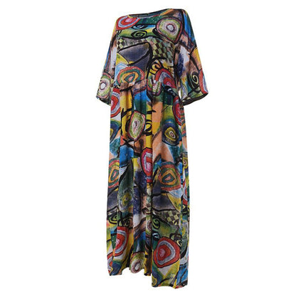 Vestido elegante informal de cuello redondo y manga corta con estampado integral para mujer, talla grande