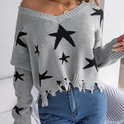 Autumn Winter Women Fashion Casual V-Neck Star Hole Long Sleeve Knitted Sweater