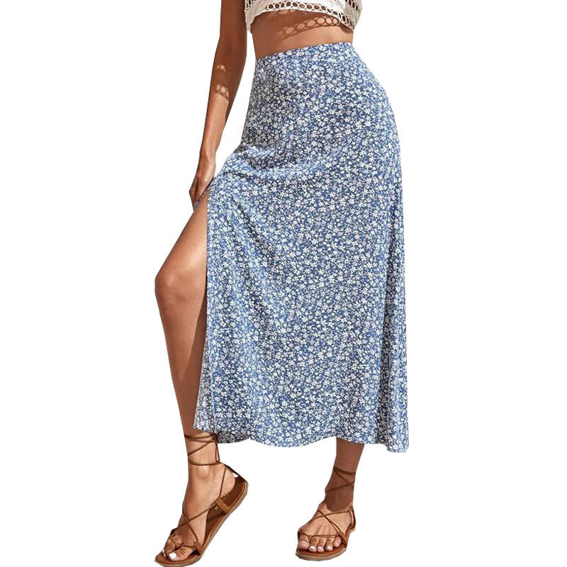 Women Fashion Casual Tiny Flower Printing Slit Skirt
