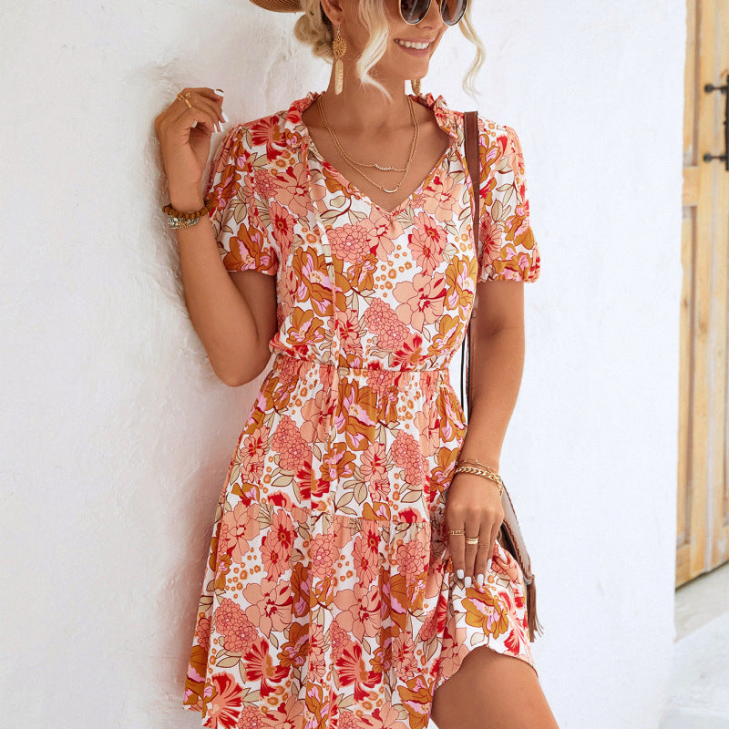 Vestido de verano informal con estampado floral y manga corta para mujer, ideal para vacaciones