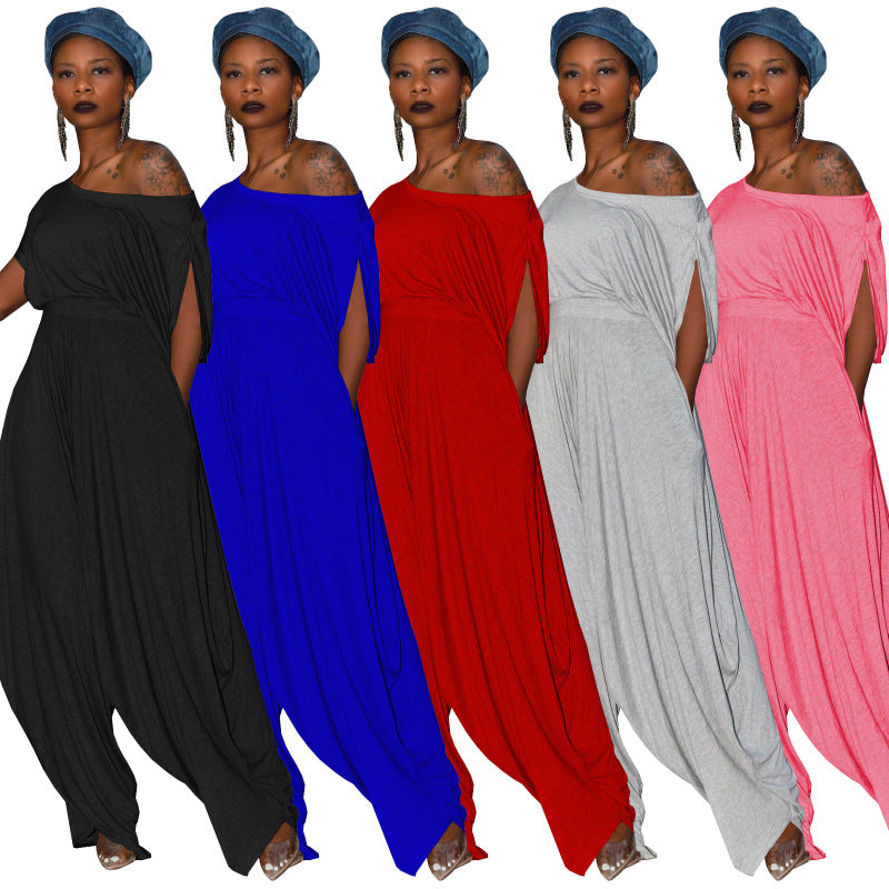 Conjunto de dos piezas de pantalones harén informales de algodón de color liso con hombros inclinados para mujer