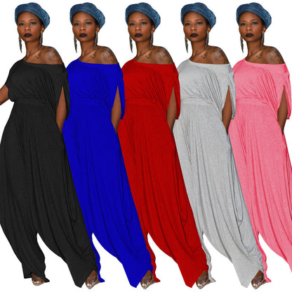 Conjunto de dos piezas de pantalones harén informales de algodón de color liso con hombros inclinados para mujer