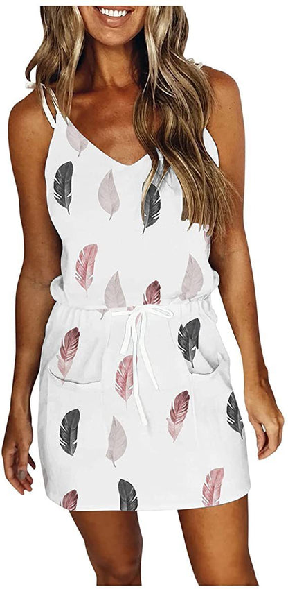 Women Casual Feather Printed Strap Dress