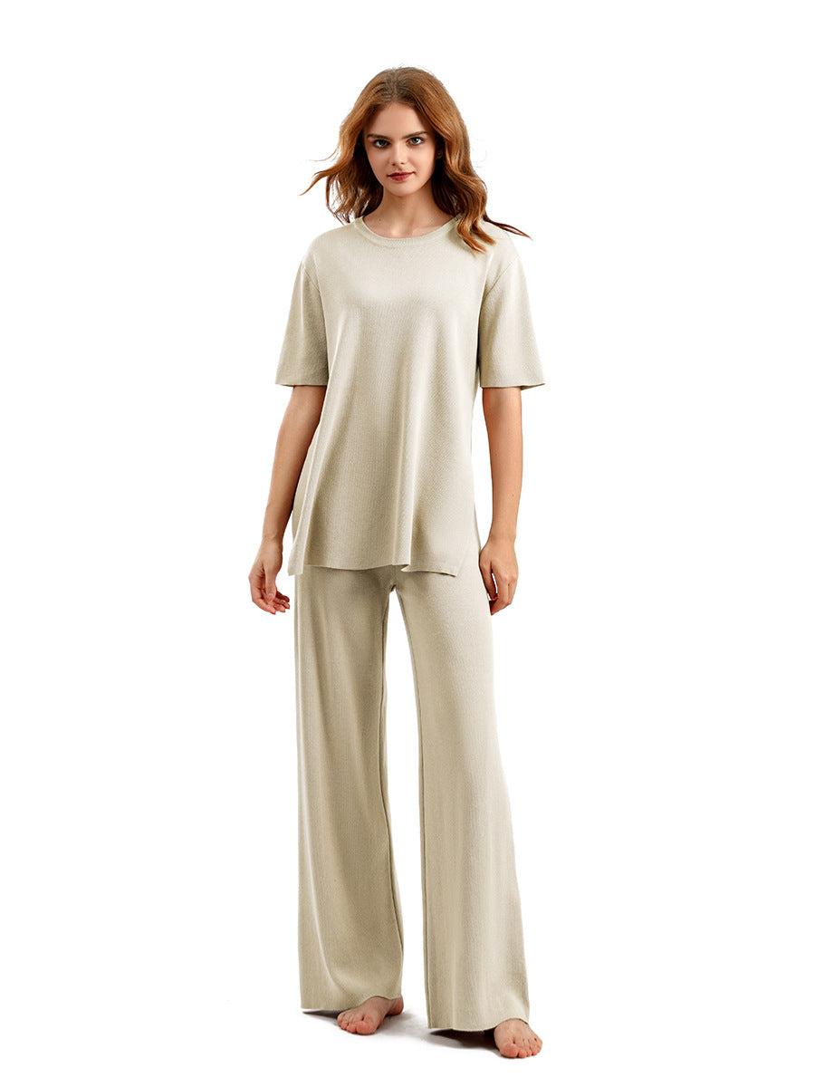 Conjunto de dos piezas de punto con top de manga corta y pernera ancha de color liso para mujer