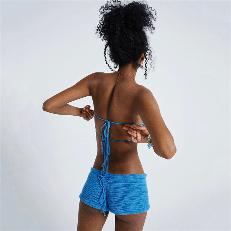 Women Fashion Sexy Low Neck Knit Contrast Color Tube Top Casual Shorts Set