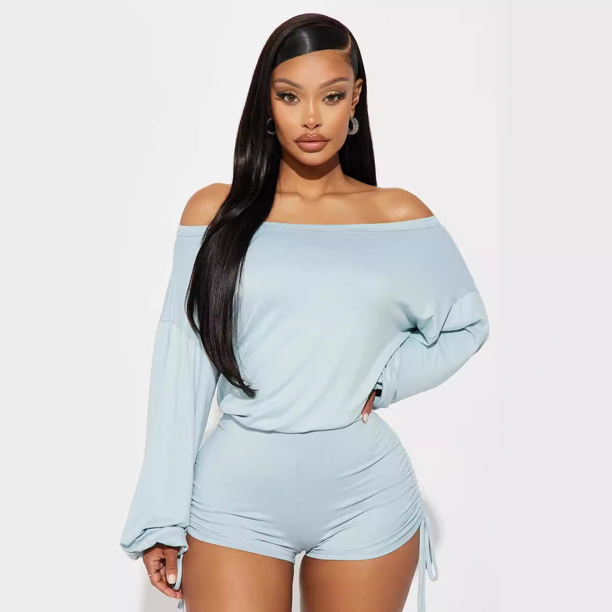 Women Fashion Casual Off-Shoulder Long-Sleeved Pleated Drawstring Tight Rompers