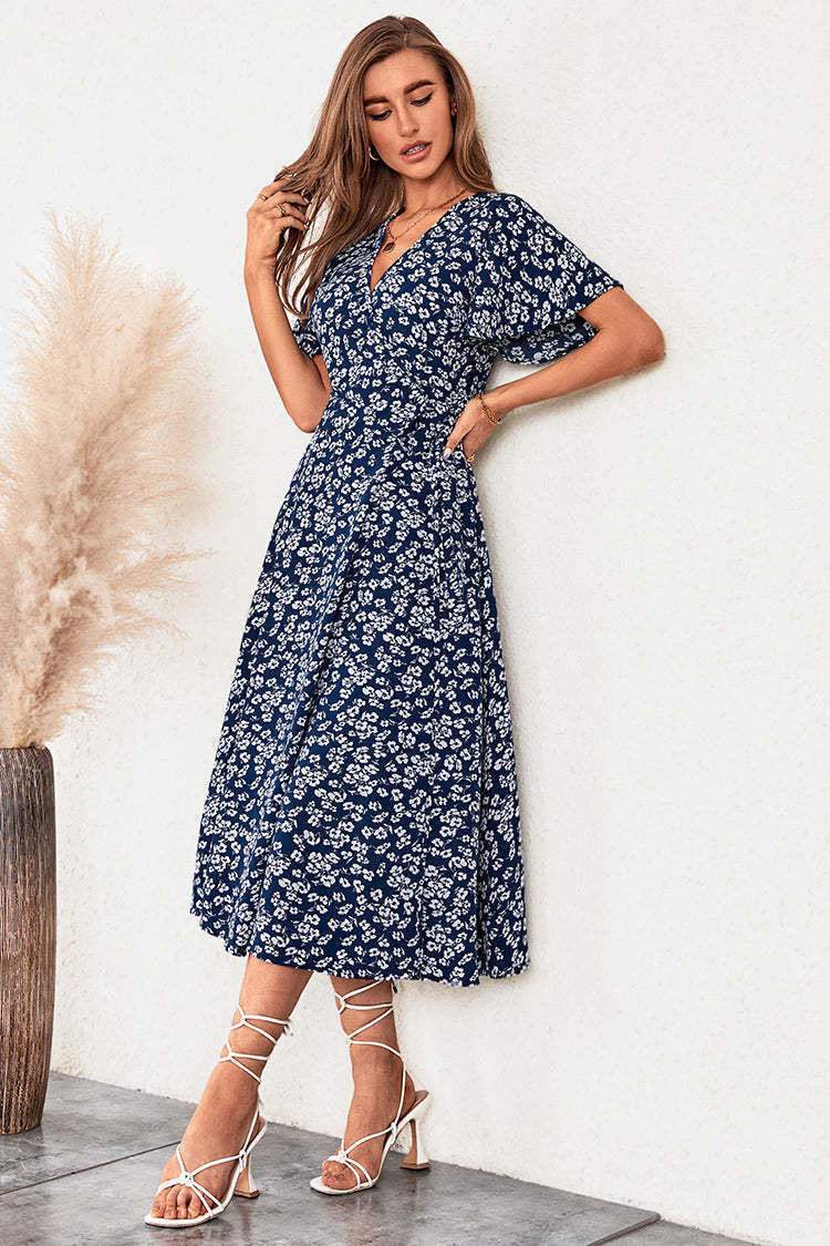 Women Casual Summer Vacation Floral Print Short Sleeve V Neck Dress
