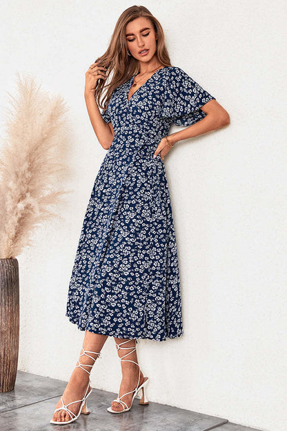 Women Casual Summer Vacation Floral Print Short Sleeve V Neck Dress