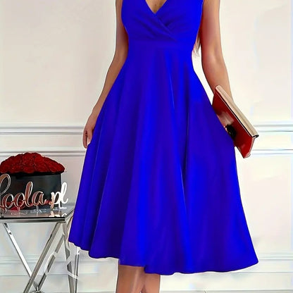 Simple Basic Solid Color Casual Sleeveless V Neck Midi Dress