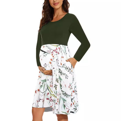 Vestido informal con estampado floral y cuello redondo y bolsillos para embarazadas