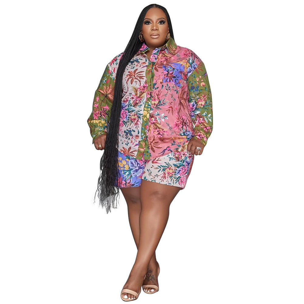Conjunto de dos piezas de camisa y pantalones cortos de manga larga con solapa y estampado floral geométrico informal de talla grande para mujer