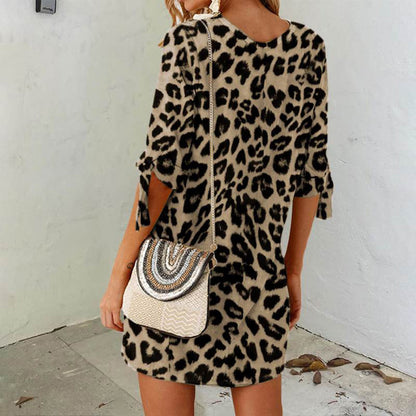 Women Fashion Casual Leopard Printed Round Neck Dress