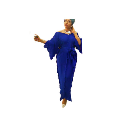 African Women Casual V-Neck Ruffled Solid Color Chiffon Loose Elegant Maxi Dress