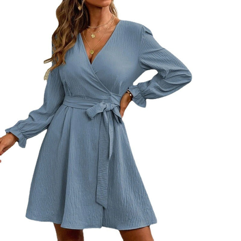 Women Casual Solid Color Slit V Neck Sash Long Sleeve Wrap Dress