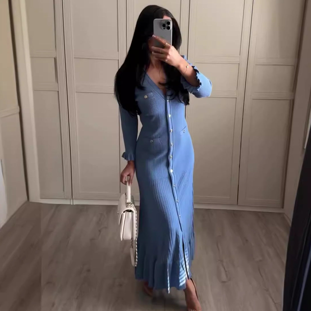 Vestido maxi de punto ajustado de manga larga con escote en V y color liso informal de otoño para mujer