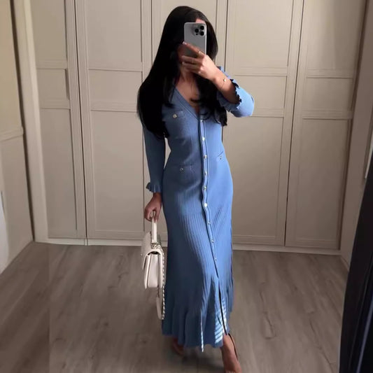 Vestido maxi de punto ajustado de manga larga con escote en V y color liso informal de otoño para mujer