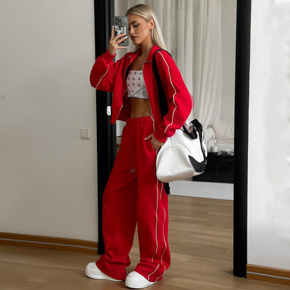 Women Fashion Casual Zipper Cardigan Long Sleeve Top Drawstring Pants Two-Piece Set