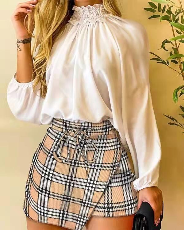 Conjunto de dos piezas de falda con estampado floral de pata de gallo y top de manga larga con hombros descubiertos informal para mujer