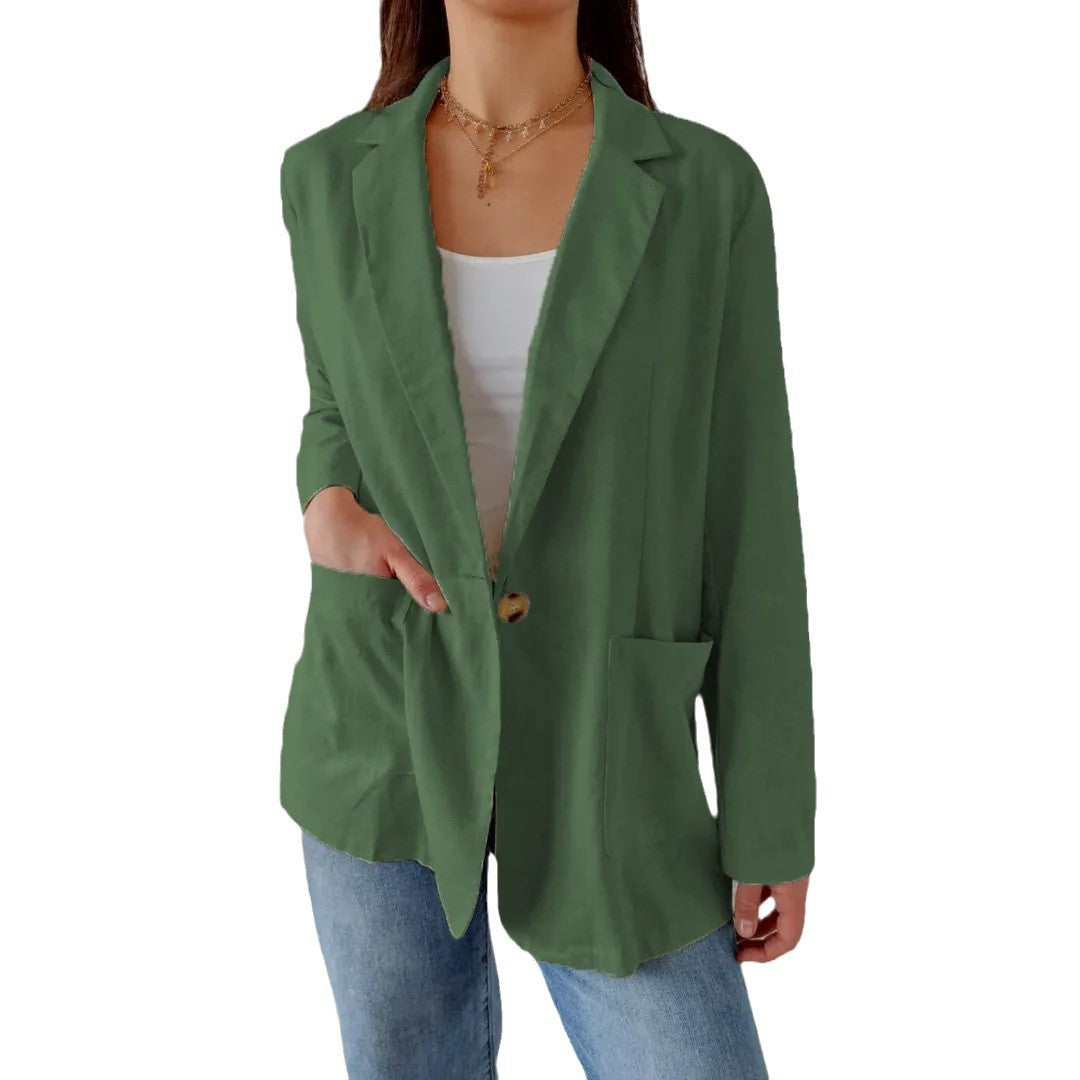 Women Casual Solid Color Cotton And Linen Lapel Button Blazer