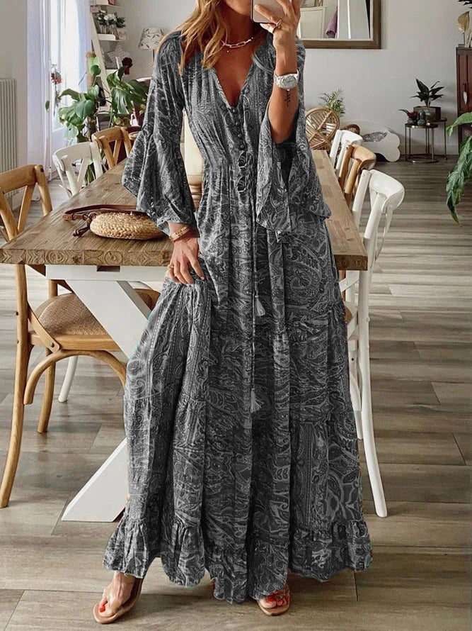 Vestido largo informal bohemio con estampado de flores diminutas y cuello en V y mangas abullonadas para mujer
