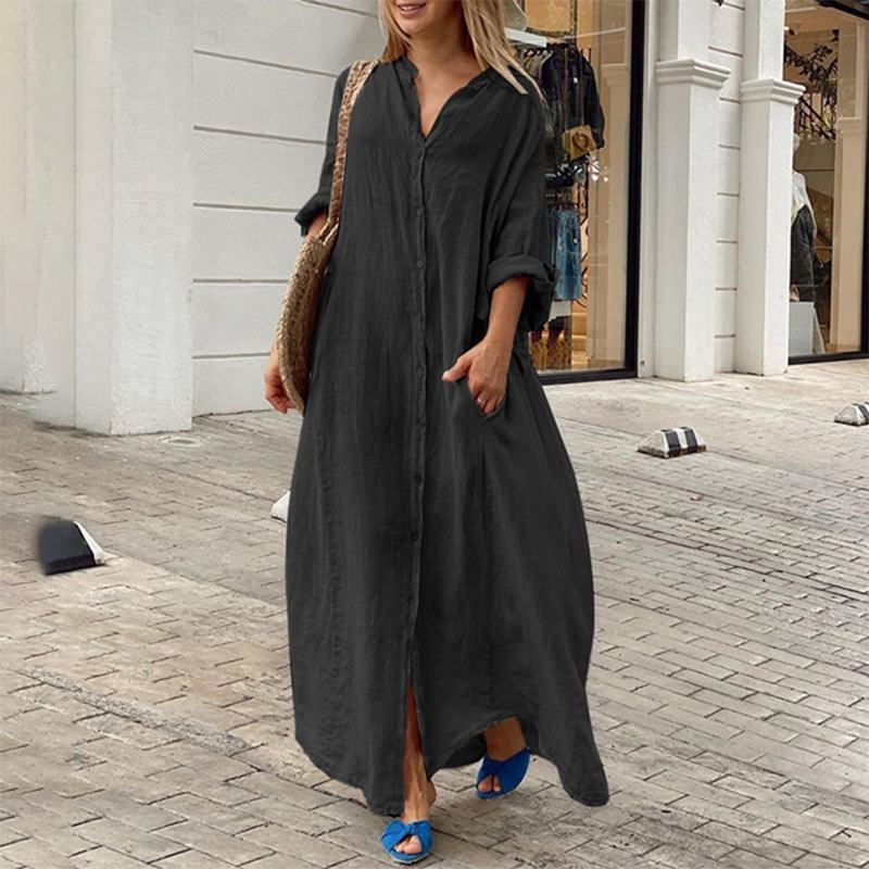 Women Fashion Casual Solid Color Cotton Linen Pocket Shirt Maxi Dress