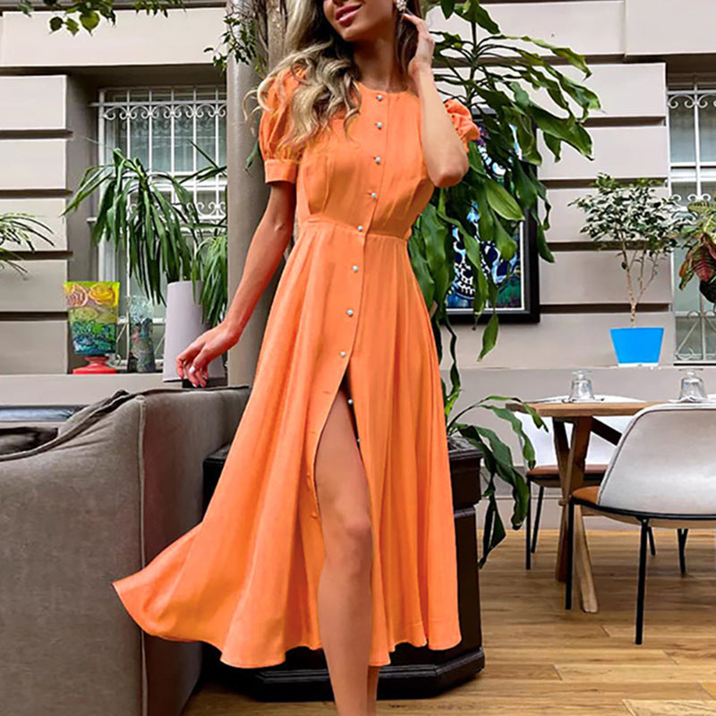 Women Casual Summer Vacation Solid Color High Waist Split Midi Short Sleeve Dress