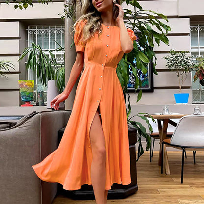 Women Casual Summer Vacation Solid Color High Waist Split Midi Short Sleeve Dress