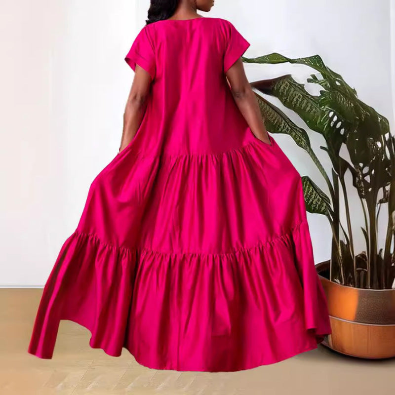 Women Fashion Casual Solid Color V-Neck Short Sleeve Maxi Dress