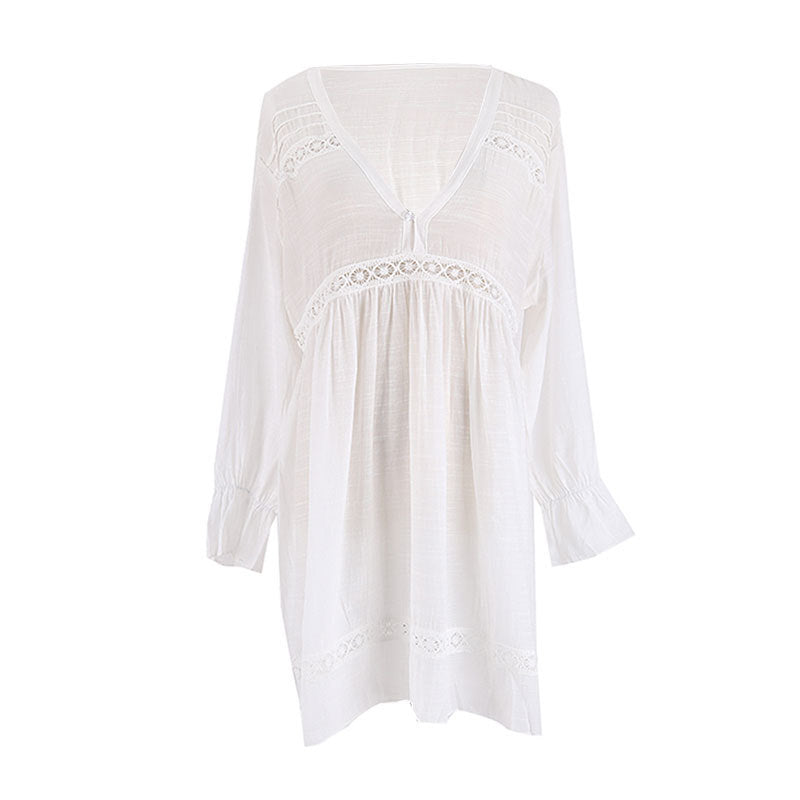 Women Solid Color V Neck Lace Lace Long Sleeve Loose Casual Beach Swimsuit Cover Up