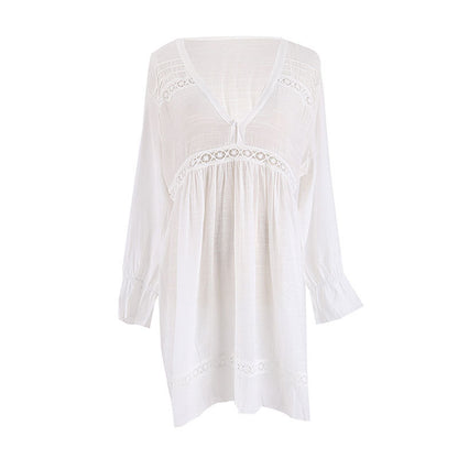 Women Solid Color V Neck Lace Lace Long Sleeve Loose Casual Beach Swimsuit Cover Up