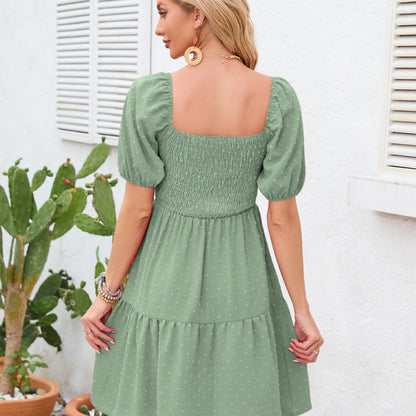Women Casual Cute style Solid Color Square Neck Puff Sleeve Dress
