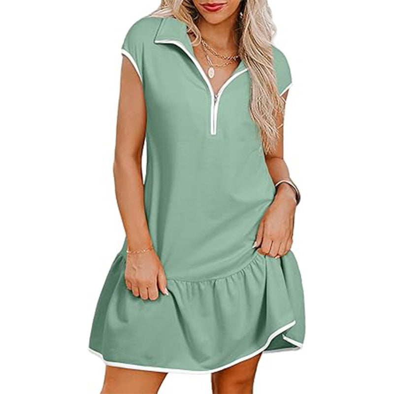 Women Fashion Casual Color Block Short Sleeve Zipper Dress