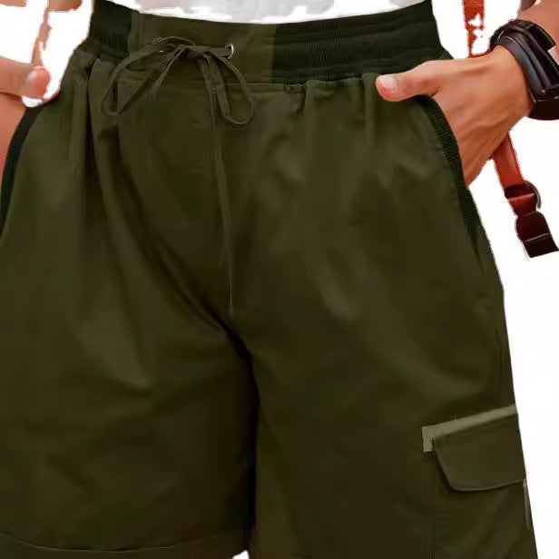 Women Fashion Casual Solid Color Cotton And Linen High Waist Drawstring Shorts