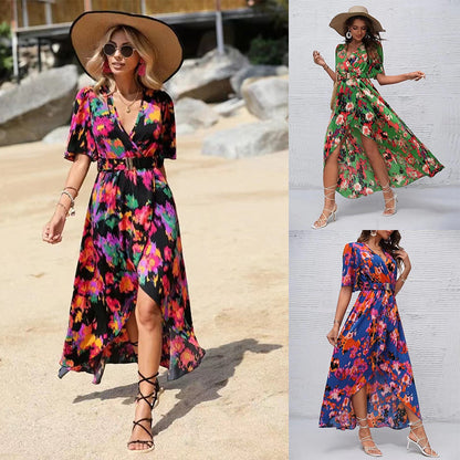 Vestido largo de verano para mujer, informal, para vacaciones, playa, manga corta, cuello en V, estampado floral