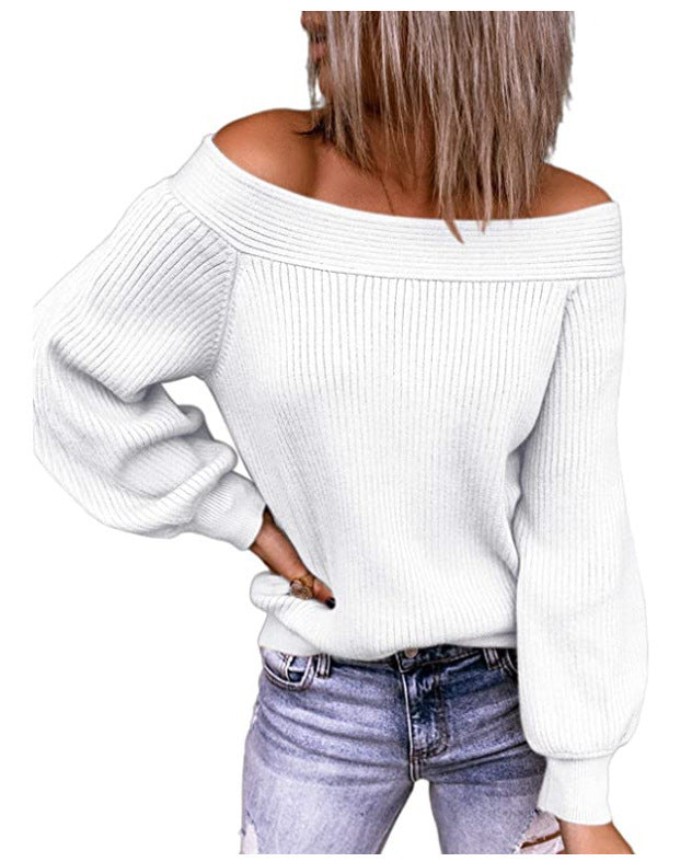 Women Casual Basic Off-the-shoulder Loose Knit Solid Color Sweater