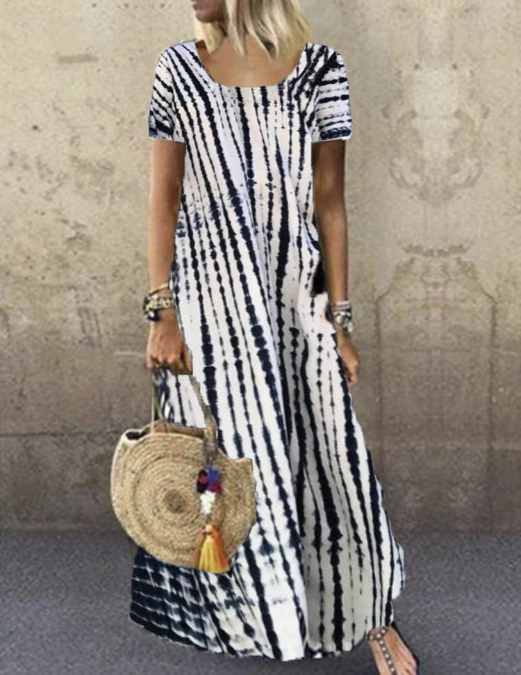 Vestido largo holgado informal de manga corta con cuello redondo y estampado tie-dye para mujer