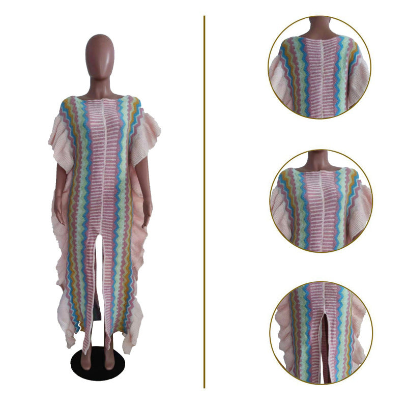 Women Casual Ruffled Knit Stripe Split Maxi Dress