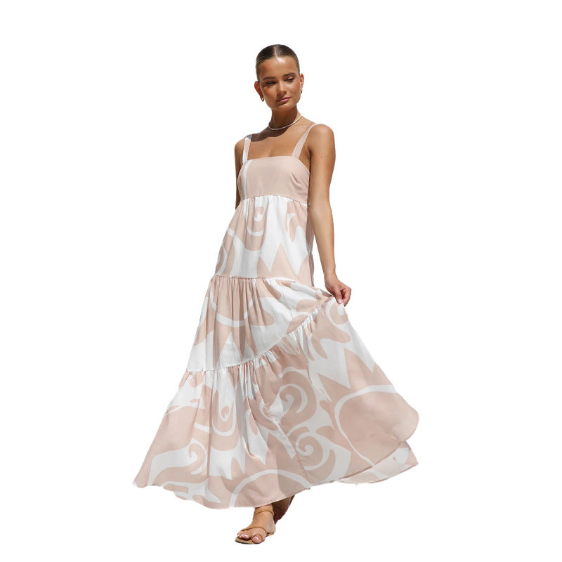 Summer Vacation Spring And Summer Women Boho Printing Fashion Strap Large Swing Casual Maxi Dress