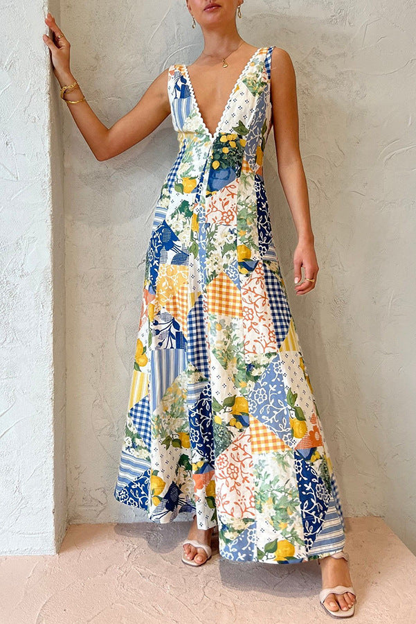 Fashion Boho Women Elegant Graphic Print Deep V Neck Sleeveless Casual Maxi Dress